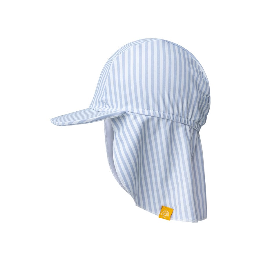 Blue and white striped sun hat with a flap at the back that helps shield delicate skin on a white background