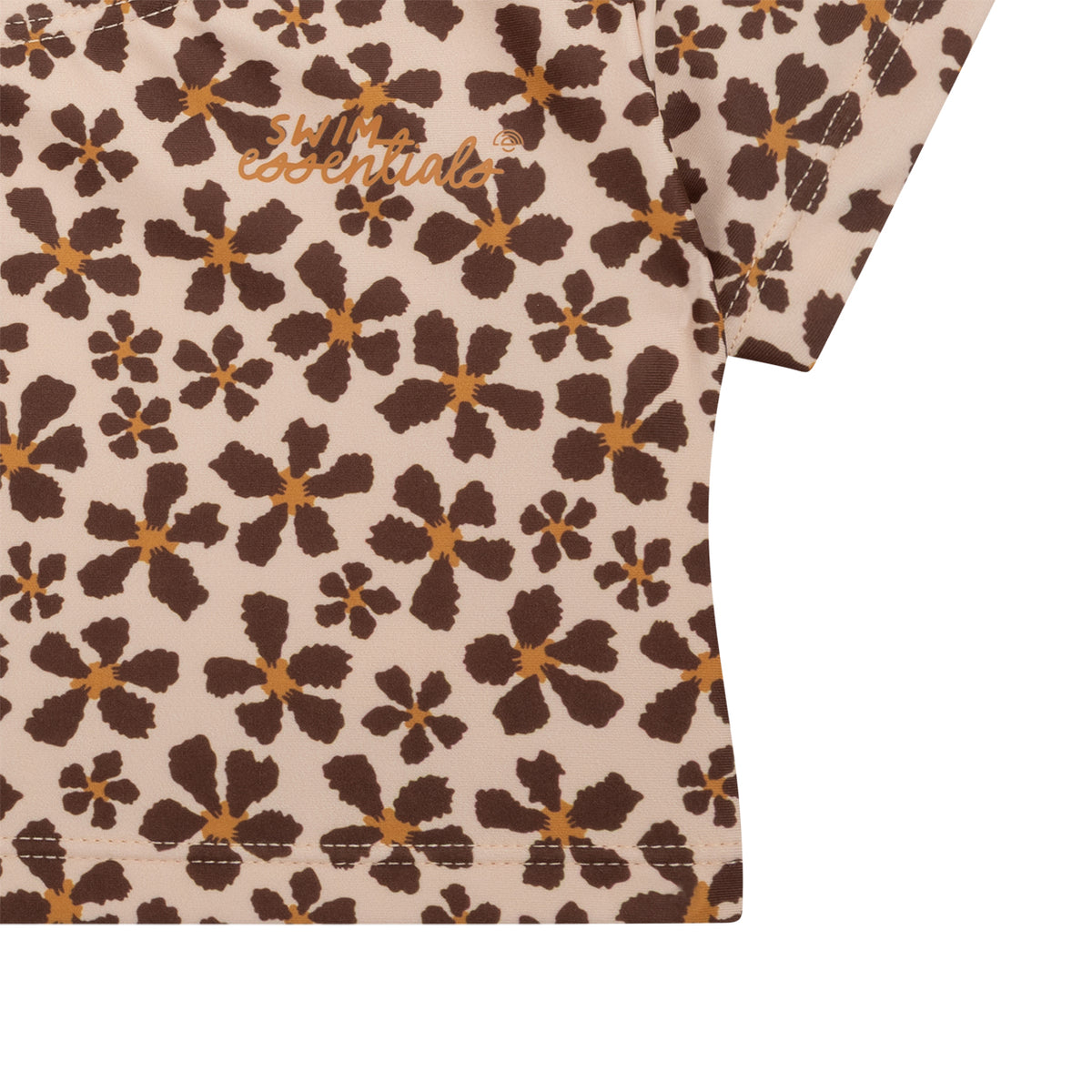 Close-up of the top of the Wild Flower bikini with brown and orange flowers with the swim essentials logo on it on a white background.