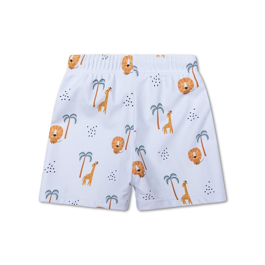 The back of white swim shorts with a jungle print on an white background