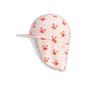 Beige sun cap with red crab pattern and a protective flap that shields the skin on a white background