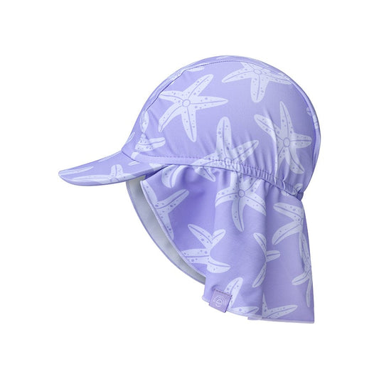 Lila Seastar sun cap with a flap at the back that helps shield delicate skin on a white background