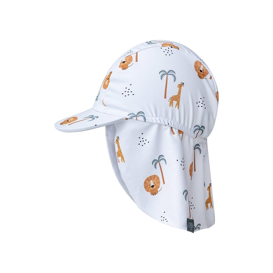 White Jungle children's sun cap with animal pattern with a protective neck flap that protects the skin on a white background