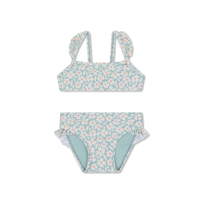 Green bikini with floral pattern on a white background