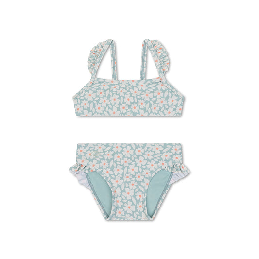 Green bikini with floral pattern on a white background