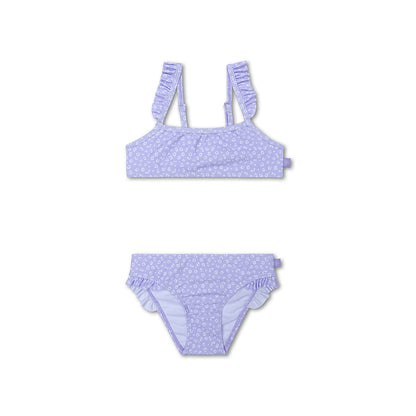 Purple bikini set with a white leopard print on a white background