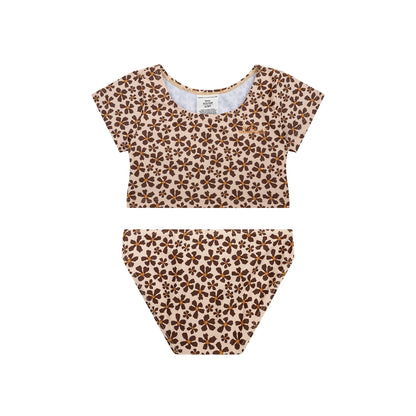 Wild Flower bikini with a brown flower pattern, with the swim essentials logo on it on a white background