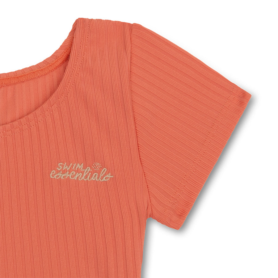 Coral ribbed bikini top with 'Swim Essentials' text on a white background