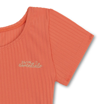 Coral ribbed bikini top with 'Swim Essentials' text on a white background