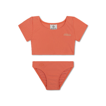Orange ribbed bikini set on a white background