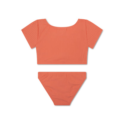The back of a orange bikini set on a white background