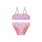 Pink checkered bikini set with orange accents and strawberries on it on a white background