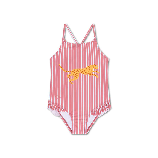 Red and white striped swimsuit with a leopard yellow in the middle on a white background