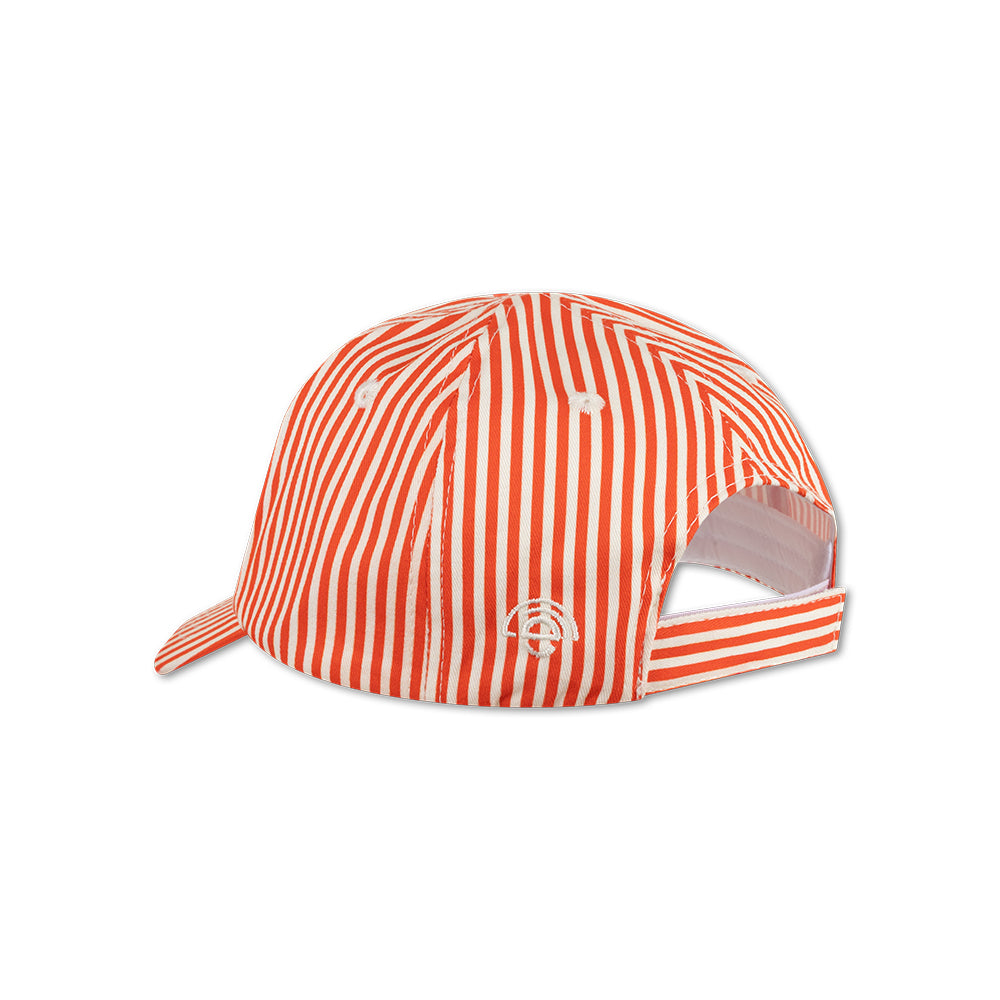 The back of a red and white striped cap on a white background