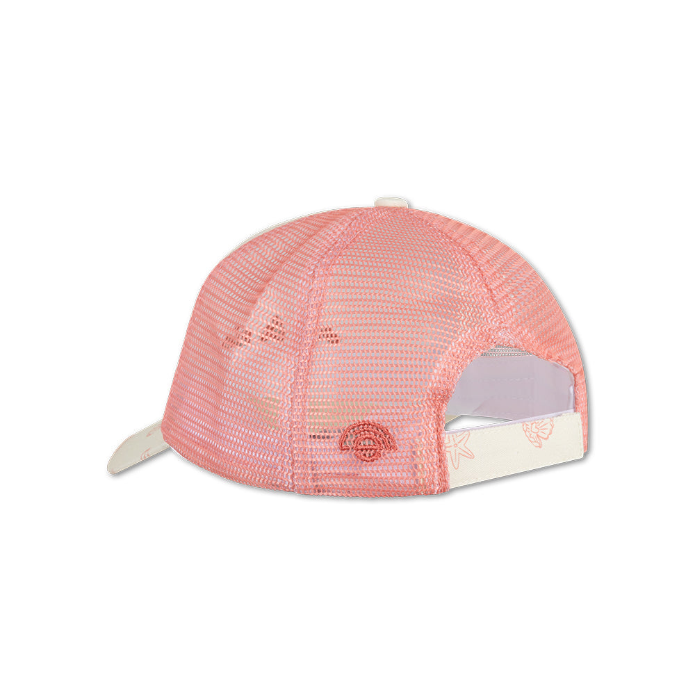 The back of a pink mesh cap with white fastening with seashell pattern on a white background