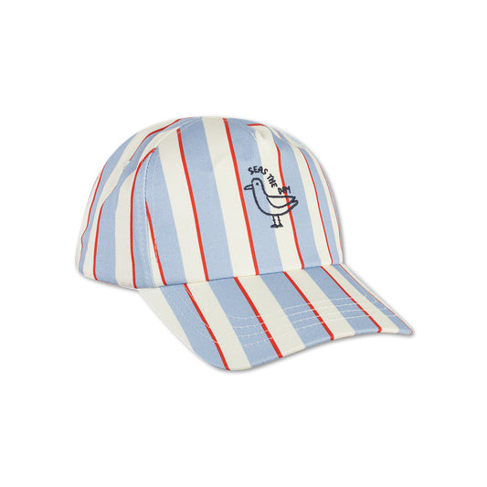 Red, blue and white striped cap with a small logo of a seagull on it with "Seas the Day" text on it on a white background