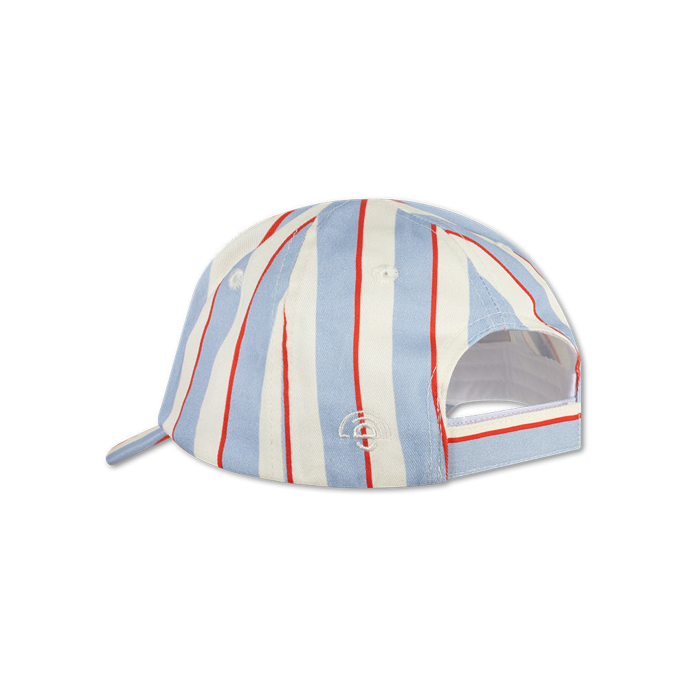 Striped cap with red, white, and blue colors on a white background