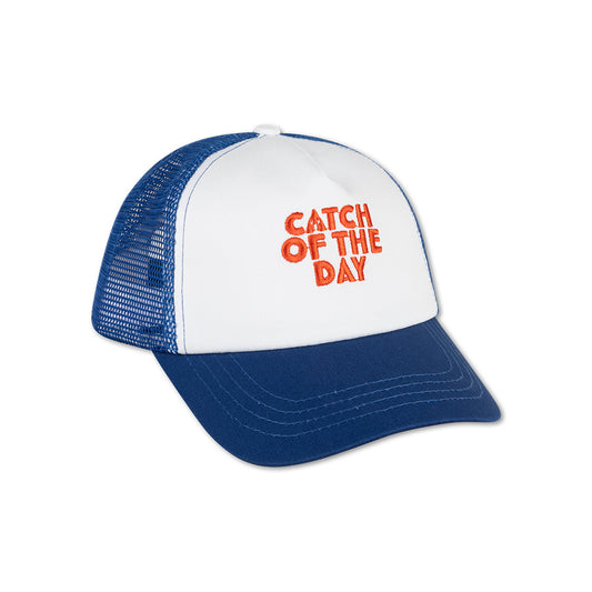 Blue and white cap with 'Catch of the Day' text on it on a white background