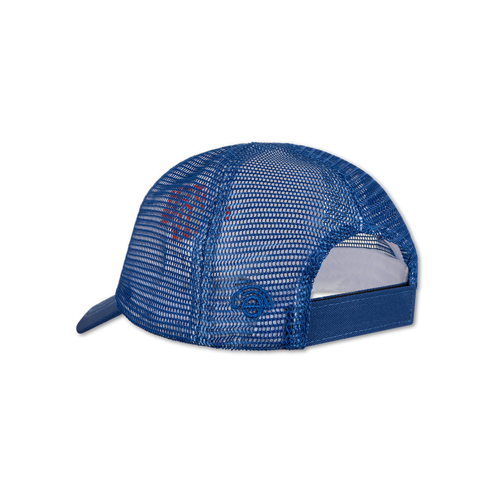 The back of a blue mesh cap on a white background