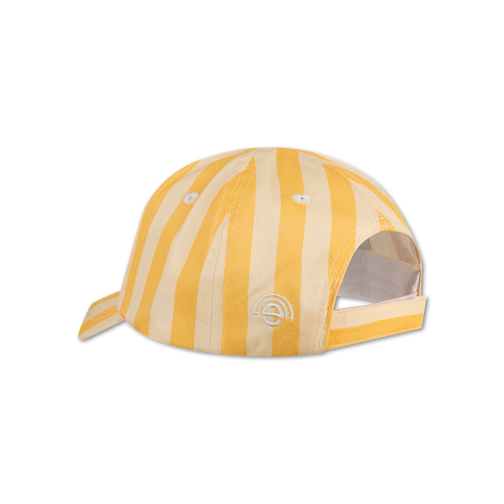 The back of yellow and beige striped cap on a white background