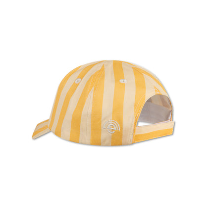 The back of yellow and beige striped cap on a white background