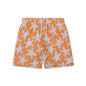 Orange swim shorts with white starfish pattern on a white background