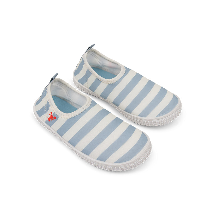 Pair of blue and white striped water shoes with a red lobster logo on it on a white background