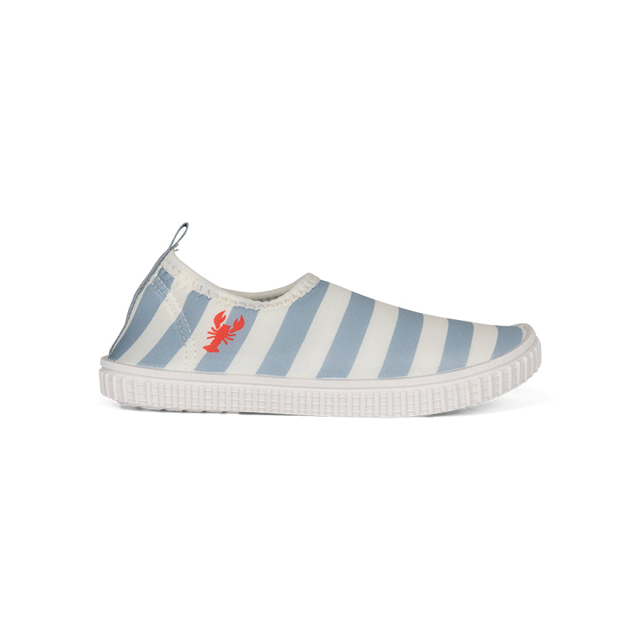 Striped blue and white water shoe with a red lobster logo on a white background