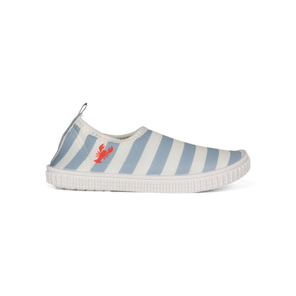 Striped blue and white water shoe with a red lobster logo on a white background