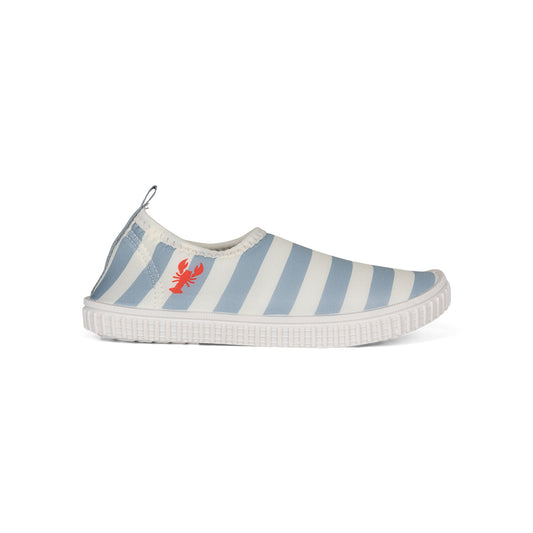 Striped blue and white water shoe with a red lobster logo on a white background