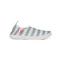 Striped blue and white water shoe with a red lobster logo on a white background