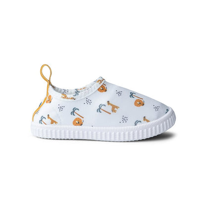 White water shoes with animal and jungle pattern on a white background