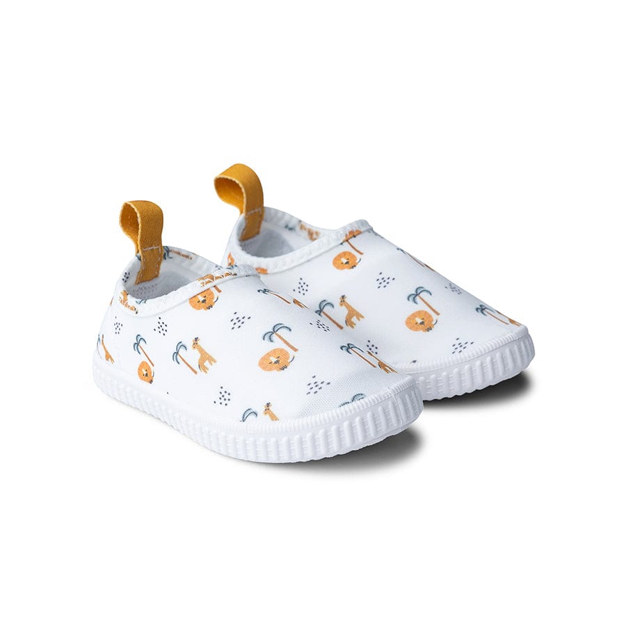 A pair white water shoes with orange jungle and animal patterns on a white background