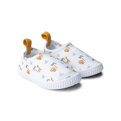 A pair white water shoes with orange jungle and animal patterns on a white background