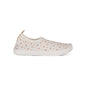 Old pink water shoe with cozy hearts pattern on a white background