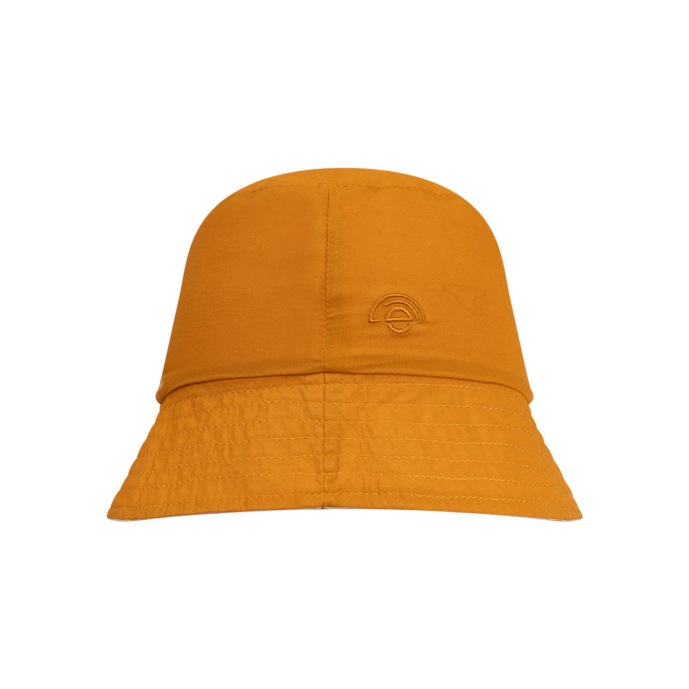 Orange reversible hat with swim essentials logo on it on a white background
