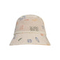 Beige reversible hat with colorful sea patterns on a white background