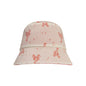Beige reversible hat with red lobster pattern on a white background