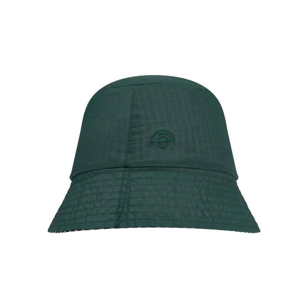 Green bucket hat with a swim essentials logo on it on a white background