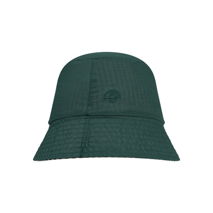 Green bucket hat with a swim essentials logo on it on a white background