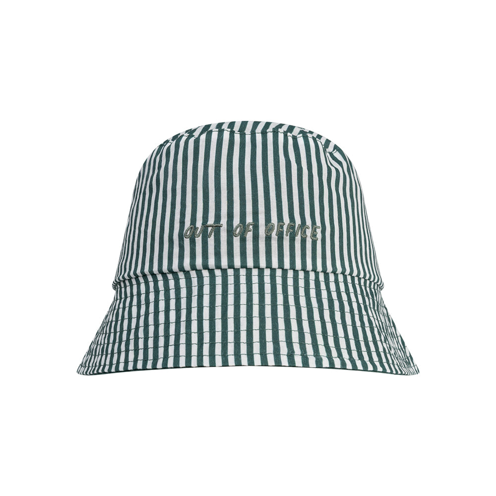 Green and white striped reversible hat with 'out of office' text on it on a white background