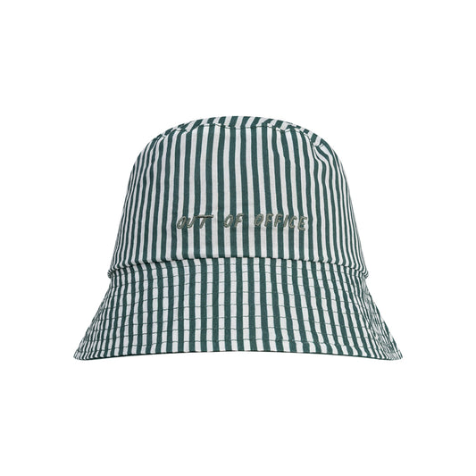 Green and white striped reversible hat with 'out of office' text on it on a white background