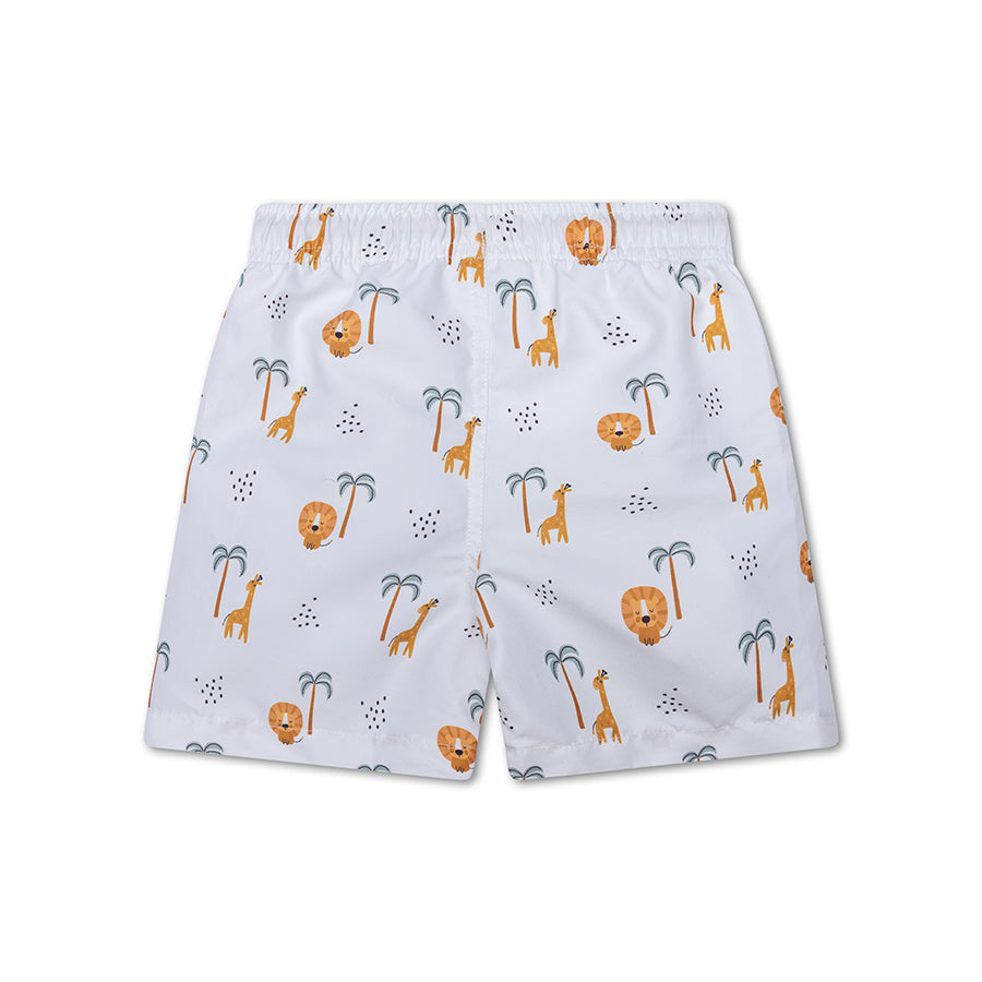 Children's swim short with jungle pattern on a white background