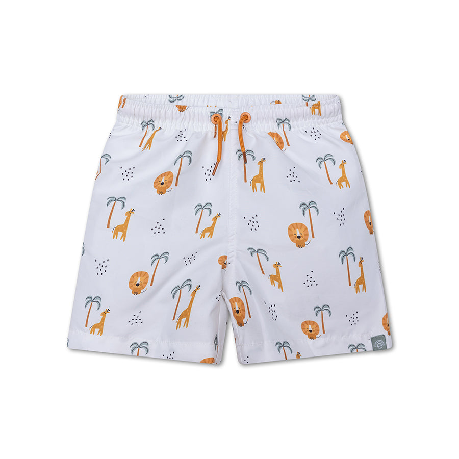 Children's swimshorts with jungle pattern on a white background