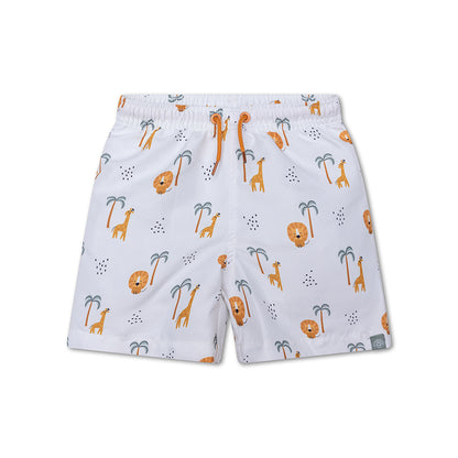 Children's swimshorts with jungle pattern on a white background