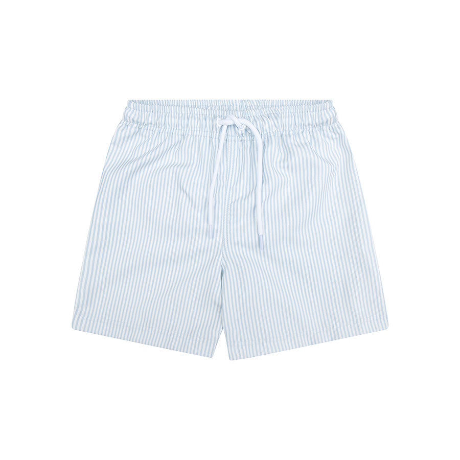 Light blue and white striped swim shorts on a white background