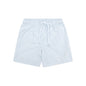 Light blue and white striped swim shorts on a white background