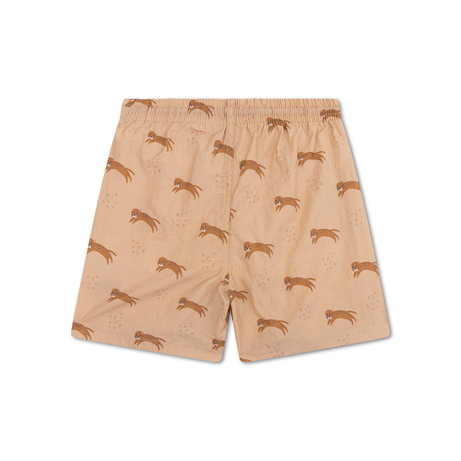 Brown shorts with leopard pattern on a white background