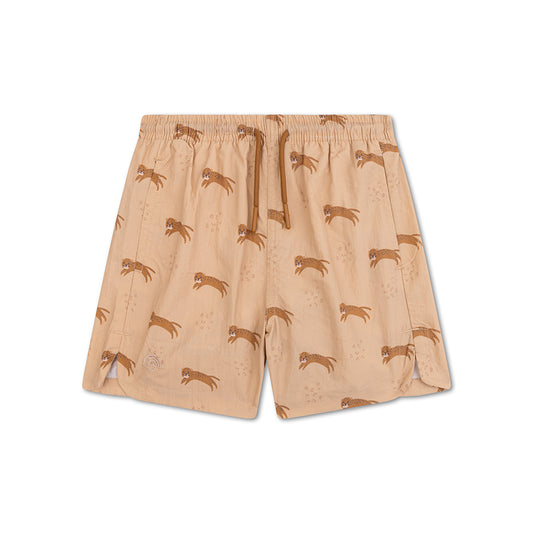Brown shorts with leopard pattern on a white background