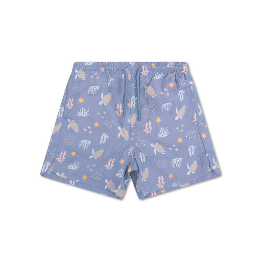 Blue shorts with sea turtle and coral pattern on a white background