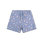 Blue shorts with sea turtle and coral pattern on a white background